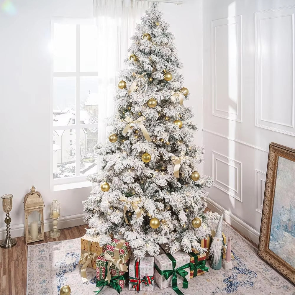 7.5Ft Snow Flocked Christmas Tree with Lights, Realistic Frosted Christmas Tree Prelit with 892 Branch Tips, 550 Warm Lights