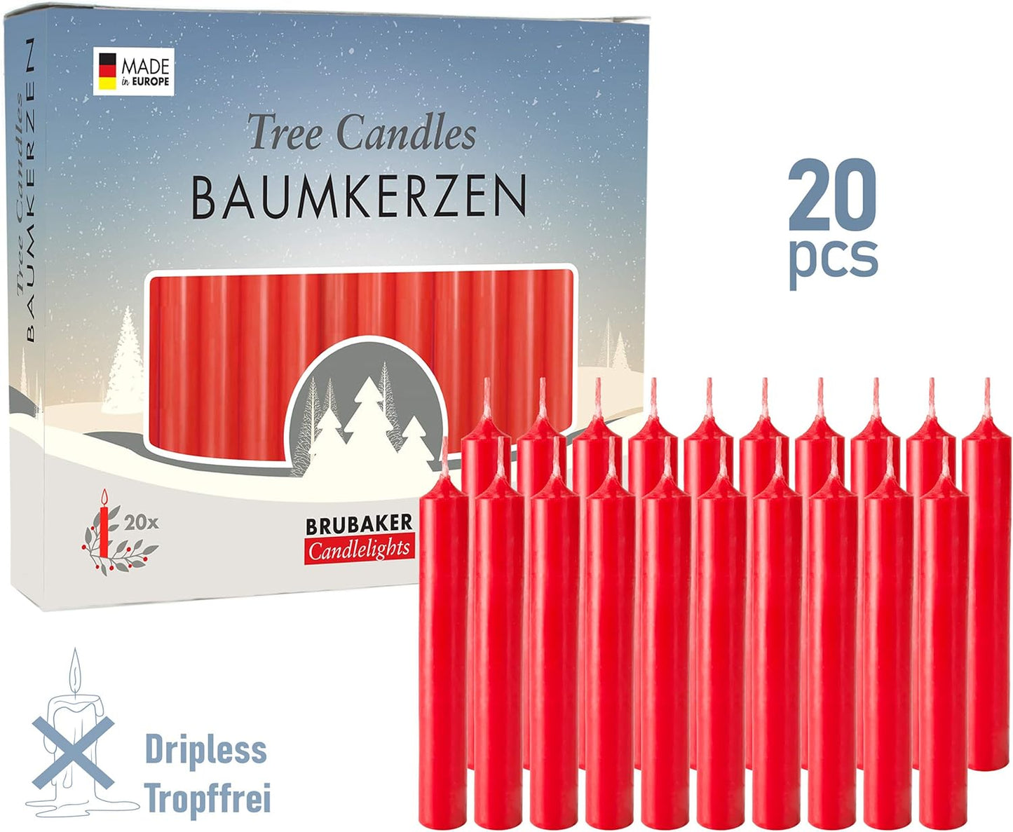 Tree Candles - Pack of 20 - Red - 3¾ X ½ Inches (9.5 X 1.27Cm) - Made in Europe - Pyramids, Carousels & Chimes