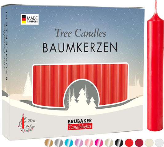 Tree Candles - Pack of 20 - Red - 3¾ X ½ Inches (9.5 X 1.27Cm) - Made in Europe - Pyramids, Carousels & Chimes