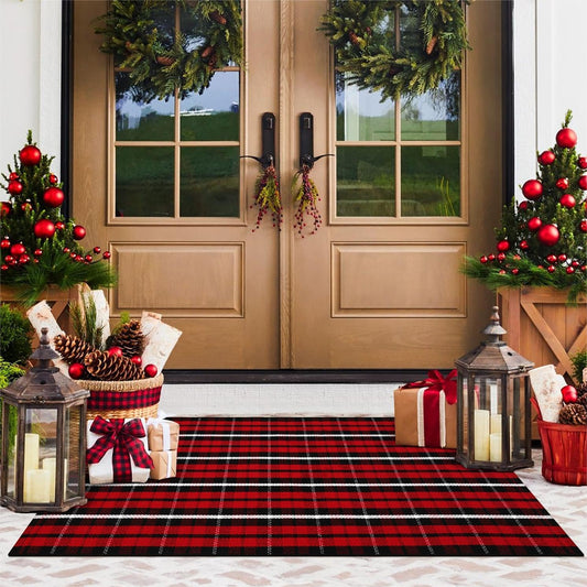 Christmas Door Mat Outdoor 24"X51",Red/Black Buffalo Plaid Rug,Washable Cotton Hand-Woven Layered Door Mats,Reversible Outdoor Christmas Decor for Front Porch,Entryway,Kitchen