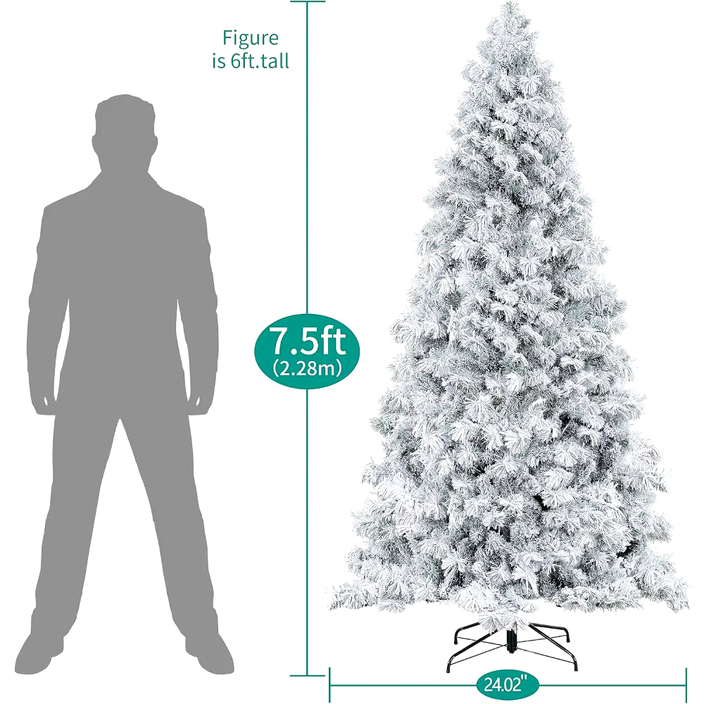 7.5Ft Snow Flocked Christmas Tree with Lights, Realistic Frosted Christmas Tree Prelit with 892 Branch Tips, 550 Warm Lights